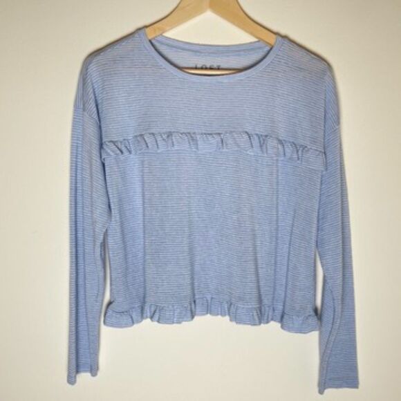 Loft | Blue and White Stripe Ruffle Top | Medium - Picture 2 of 7